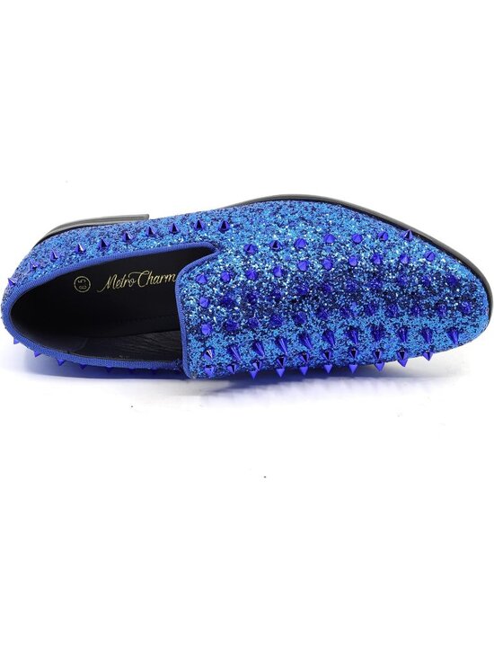 Metrocharm Men\'s Blue Sparkly Glitter Spike Sequin Tuxedo Loafer Slip On Shoes main image 5